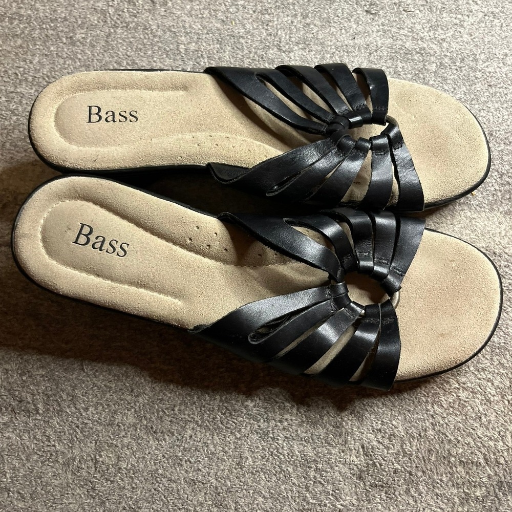 Bass Empress Black Leather Strappy Slide Wedge Sandals Womens 8M Preppy